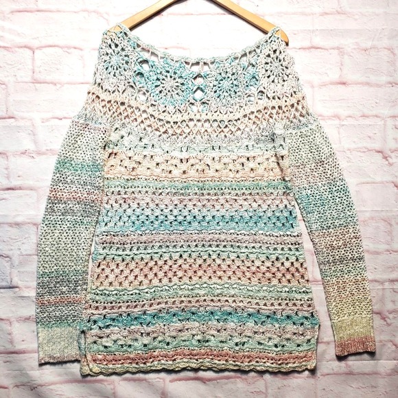 Free People Boho Twee Pastel Ring of Roses Sweater Crochet Open Weave Womens L - Picture 2 of 9